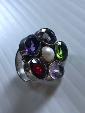 Sterling 925 silver semi precious stone flower ring